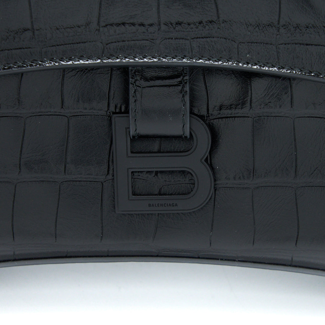 Top Quality Balenciaga Small Downtown Shoulder Bag Croc Embossed Leather Black with Black Hardware