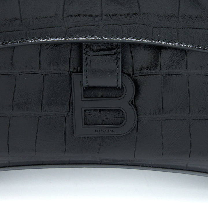 Top Quality Balenciaga Small Downtown Shoulder Bag Croc Embossed Leather Black with Black Hardware