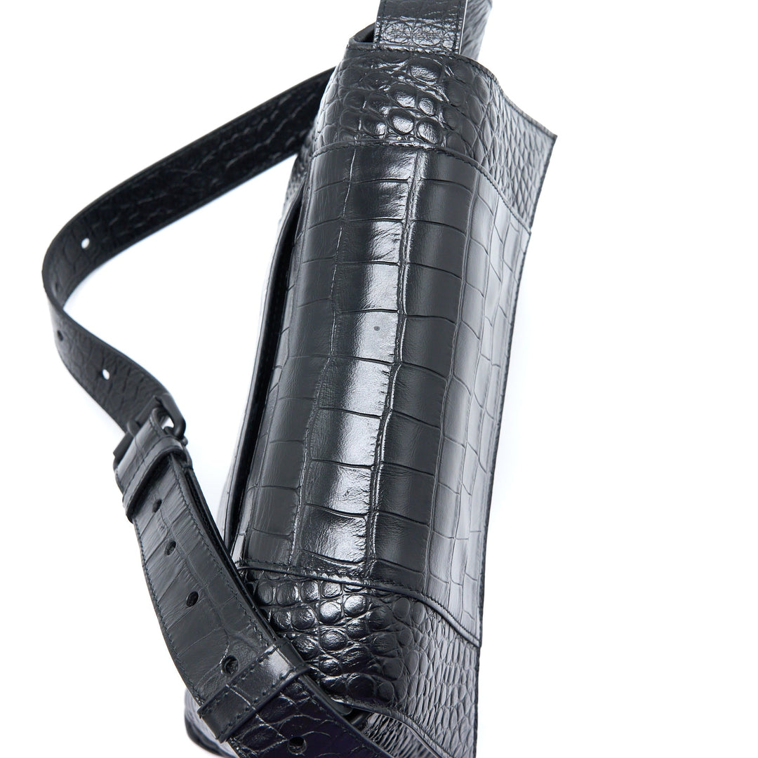 Top Quality Balenciaga Small Downtown Shoulder Bag Croc Embossed Leather Black with Black Hardware