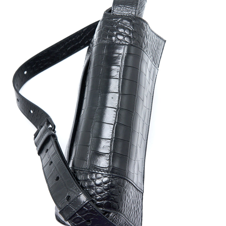 Top Quality Balenciaga Small Downtown Shoulder Bag Croc Embossed Leather Black with Black Hardware