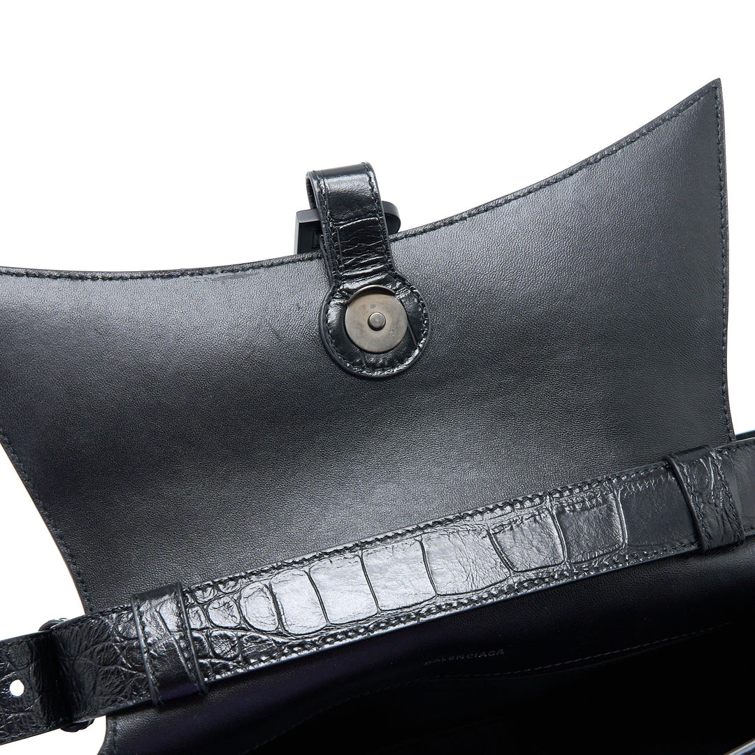Top Quality Balenciaga Small Downtown Shoulder Bag Croc Embossed Leather Black with Black Hardware