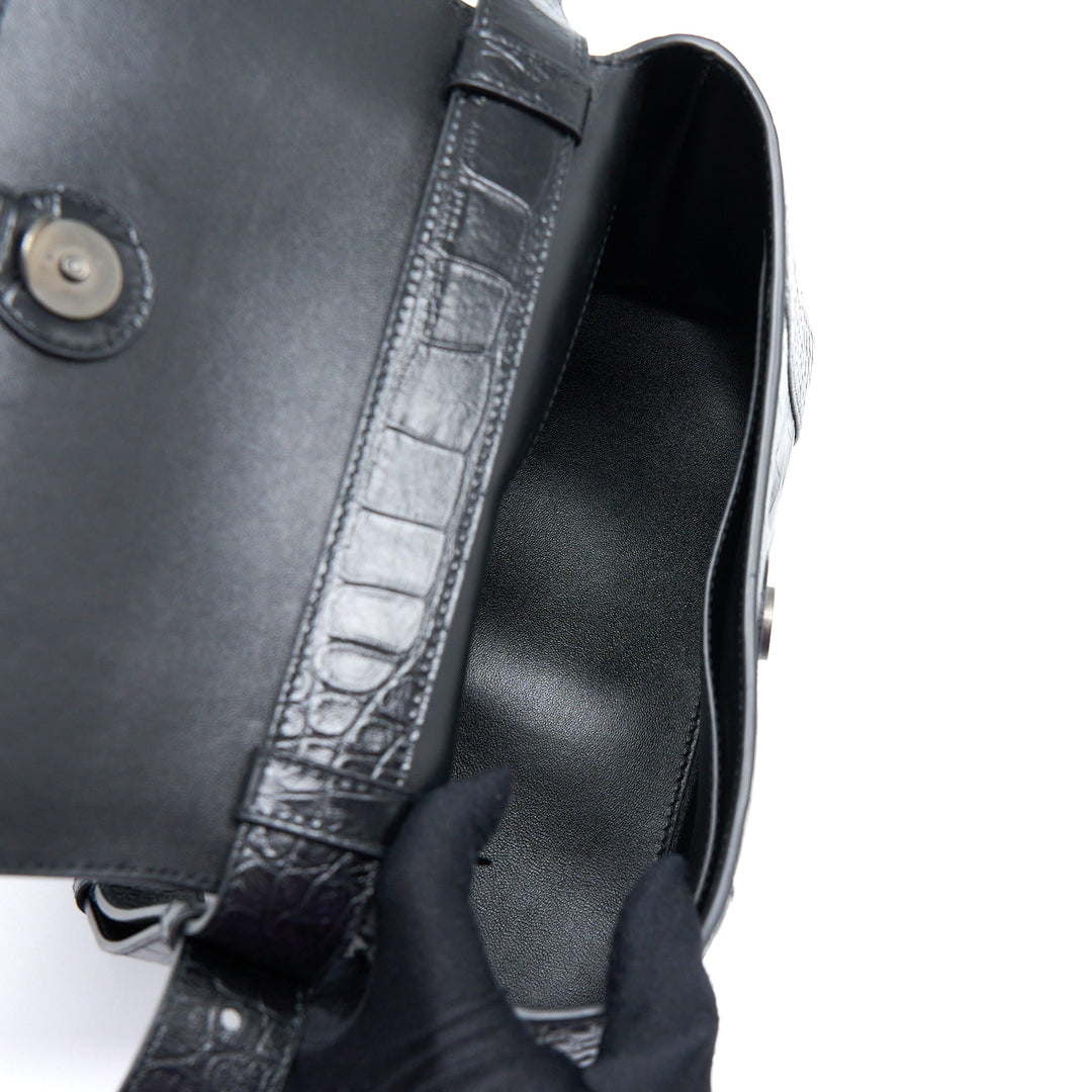Top Quality Balenciaga Small Downtown Shoulder Bag Croc Embossed Leather Black with Black Hardware