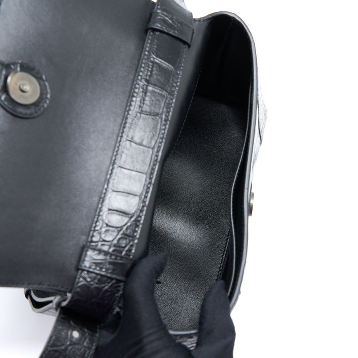 Top Quality Balenciaga Small Downtown Shoulder Bag Croc Embossed Leather Black with Black Hardware