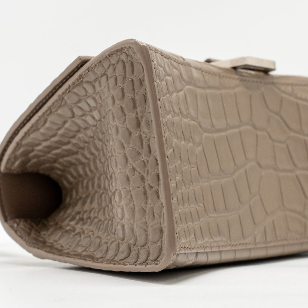 Top Quality Balenciaga Small Hourglass Bag Croc-Embossed Calfskin Dark Beige SHW