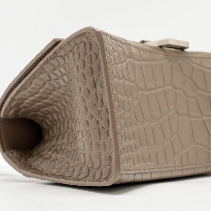 Top Quality Balenciaga Small Hourglass Bag Croc-Embossed Calfskin Dark Beige SHW