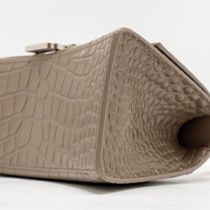 Top Quality Balenciaga Small Hourglass Bag Croc-Embossed Calfskin Dark Beige SHW
