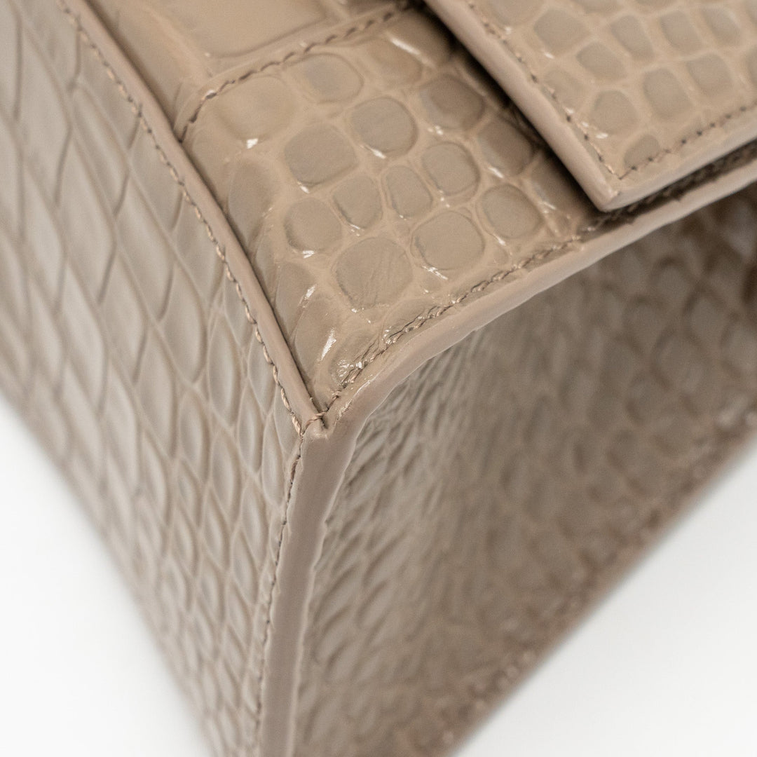Top Quality Balenciaga Small Hourglass Bag Croc-Embossed Calfskin Dark Beige SHW