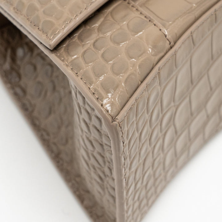Top Quality Balenciaga Small Hourglass Bag Croc-Embossed Calfskin Dark Beige SHW
