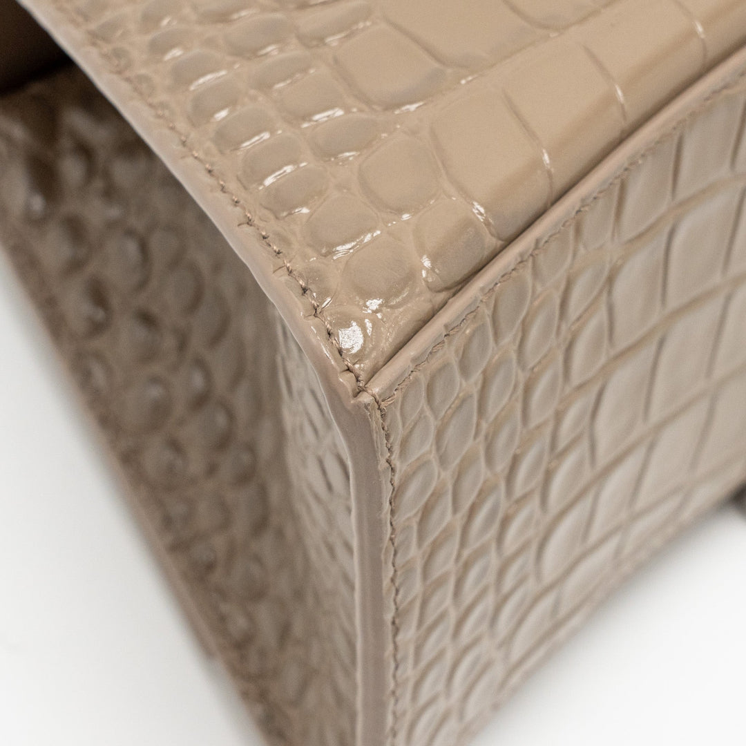 Top Quality Balenciaga Small Hourglass Bag Croc-Embossed Calfskin Dark Beige SHW