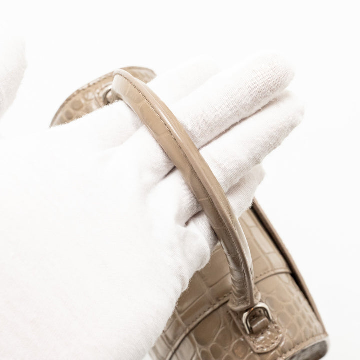 Top Quality Balenciaga Small Hourglass Bag Croc-Embossed Calfskin Dark Beige SHW