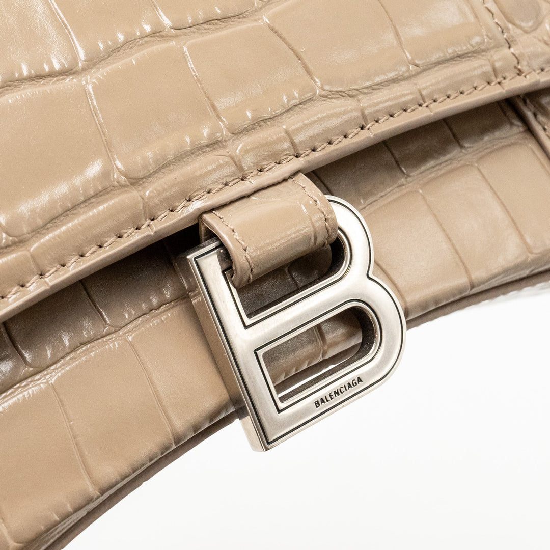 Top Quality Balenciaga Small Hourglass Bag Croc-Embossed Calfskin Dark Beige SHW