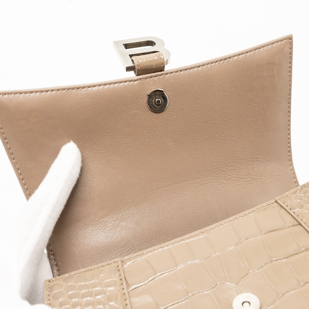 Top Quality Balenciaga Small Hourglass Bag Croc-Embossed Calfskin Dark Beige SHW