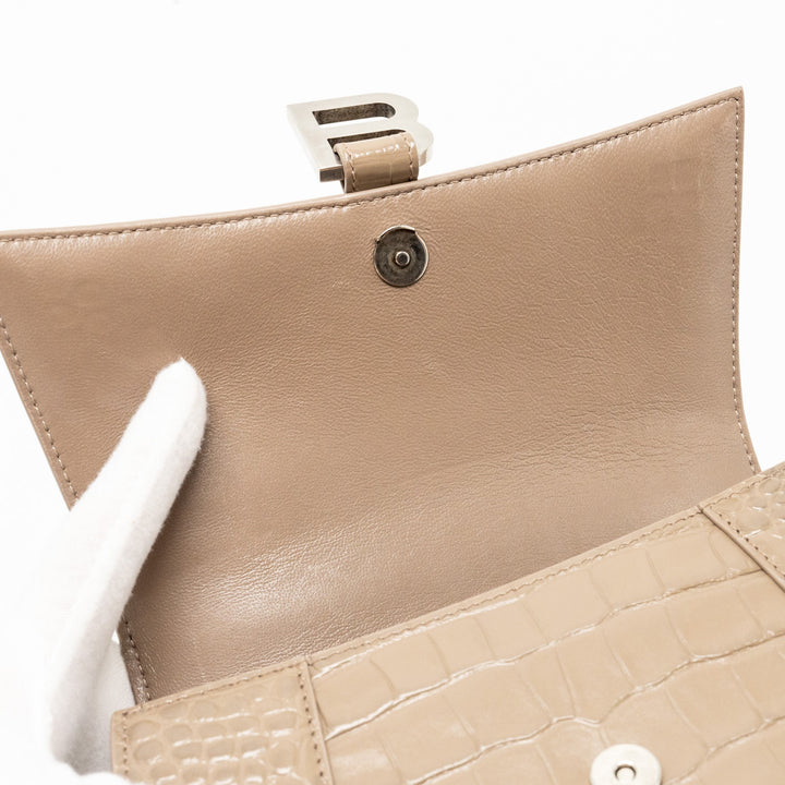 Top Quality Balenciaga Small Hourglass Bag Croc-Embossed Calfskin Dark Beige SHW