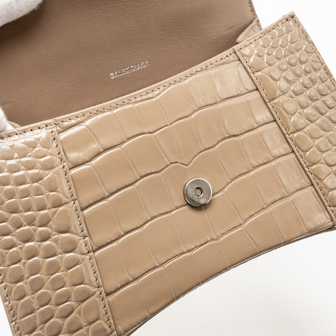 Top Quality Balenciaga Small Hourglass Bag Croc-Embossed Calfskin Dark Beige SHW