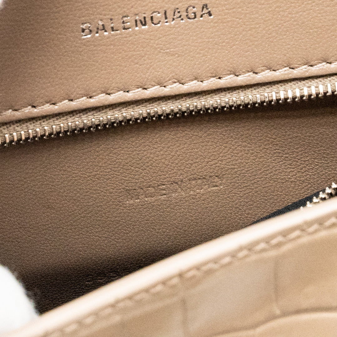 Top Quality Balenciaga Small Hourglass Bag Croc-Embossed Calfskin Dark Beige SHW