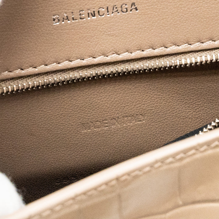 Top Quality Balenciaga Small Hourglass Bag Croc-Embossed Calfskin Dark Beige SHW