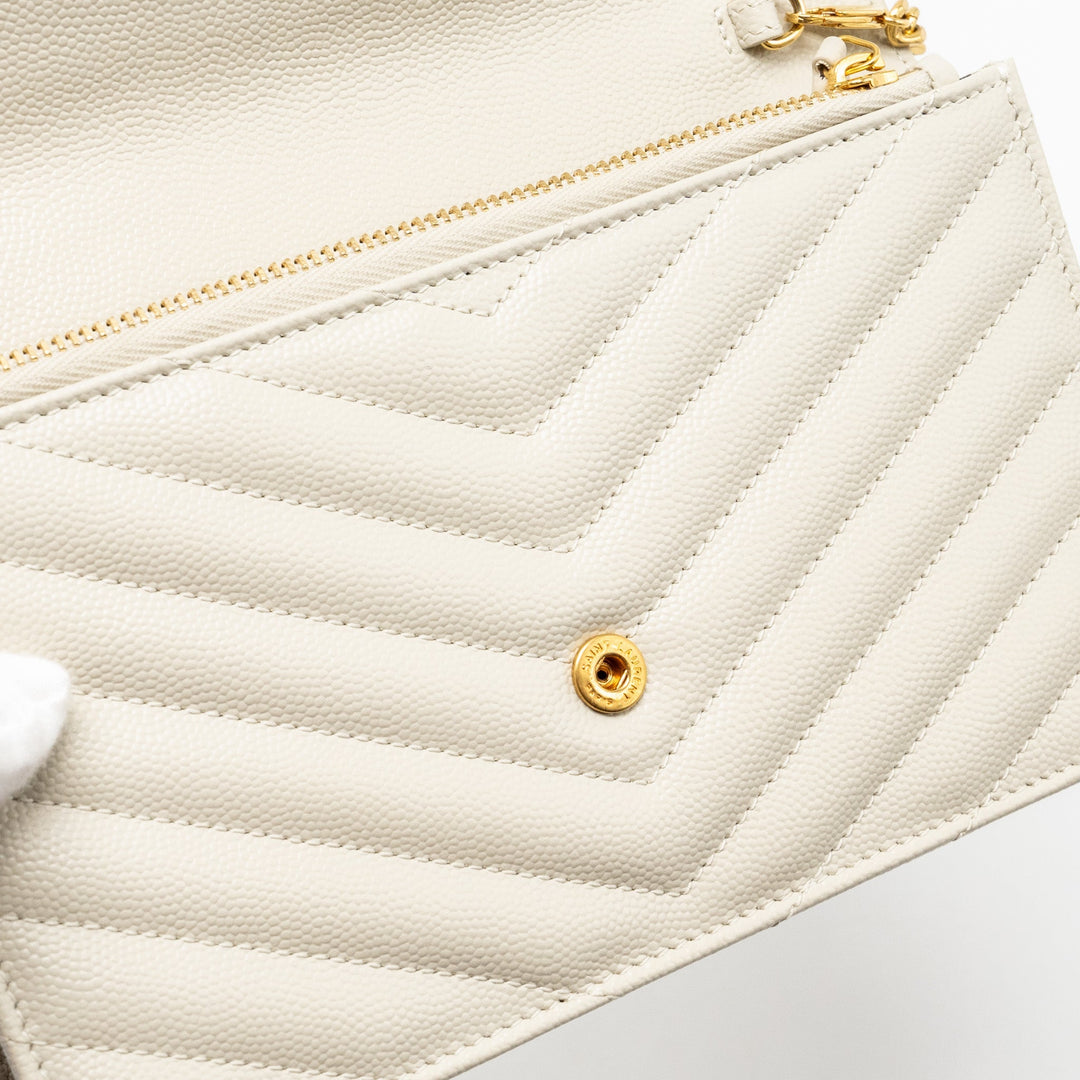 Saint Laurent envelope chain wallet grained calfskin cream soft GHW