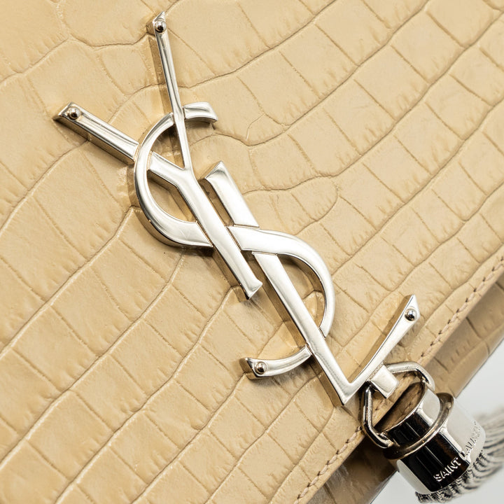 Saint Laurent Kate Clutch Croc Embossed Leather Beige SHW