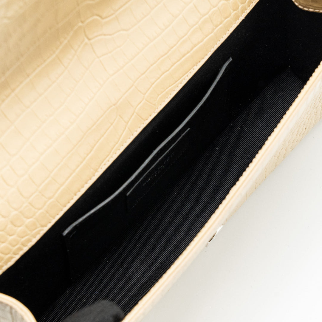 Saint Laurent Kate Clutch Croc Embossed Leather Beige SHW