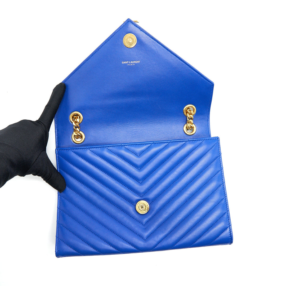 Saint Laurent / YSL Chevron Monogram Flap Bag Blue GHW