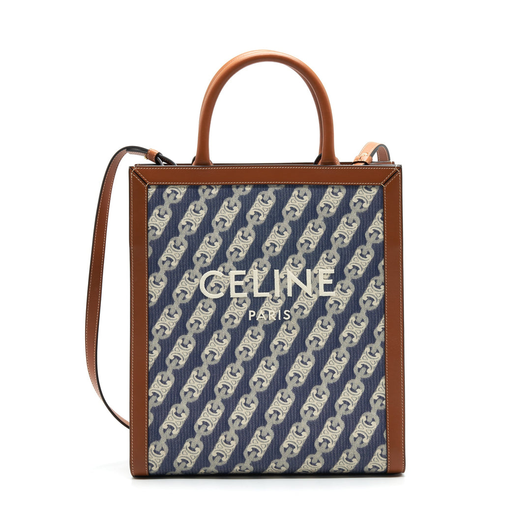Top Quality Celine SMALL VERTICAL CABAS Top Quality Celine IN MAILLON TRIOMPHE JACQUARD AND CALFSKIN NAVY / TAN