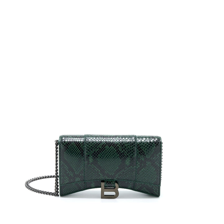 Top Quality Balenciaga Hourglass Wallet With Chain Python Embossed Calfskin Black/ Dark Green