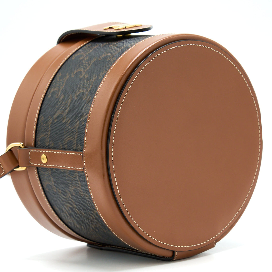 Celine Medium Tambour Bag Triomphe Canvas and Calfskin Tan