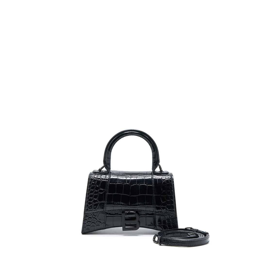 Top Quality Balenciaga Hourglass XS Croc-Embossed Calfskin So Black