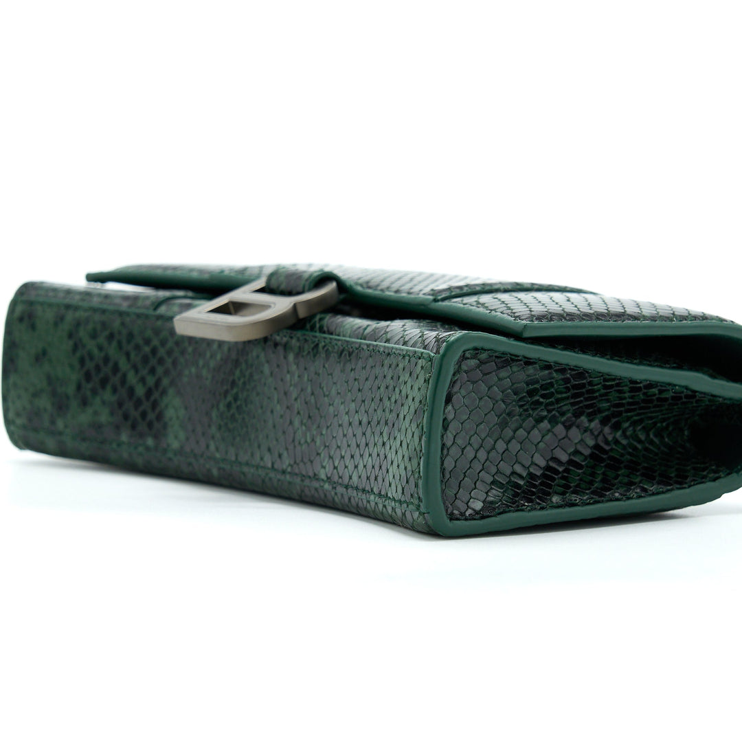 Top Quality Balenciaga Hourglass Wallet With Chain Python Embossed Calfskin Black/ Dark Green