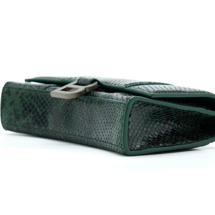 Top Quality Balenciaga Hourglass Wallet With Chain Python Embossed Calfskin Black/ Dark Green