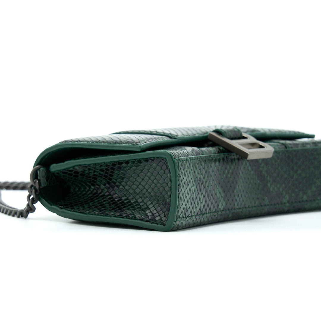 Top Quality Balenciaga Hourglass Wallet With Chain Python Embossed Calfskin Black/ Dark Green