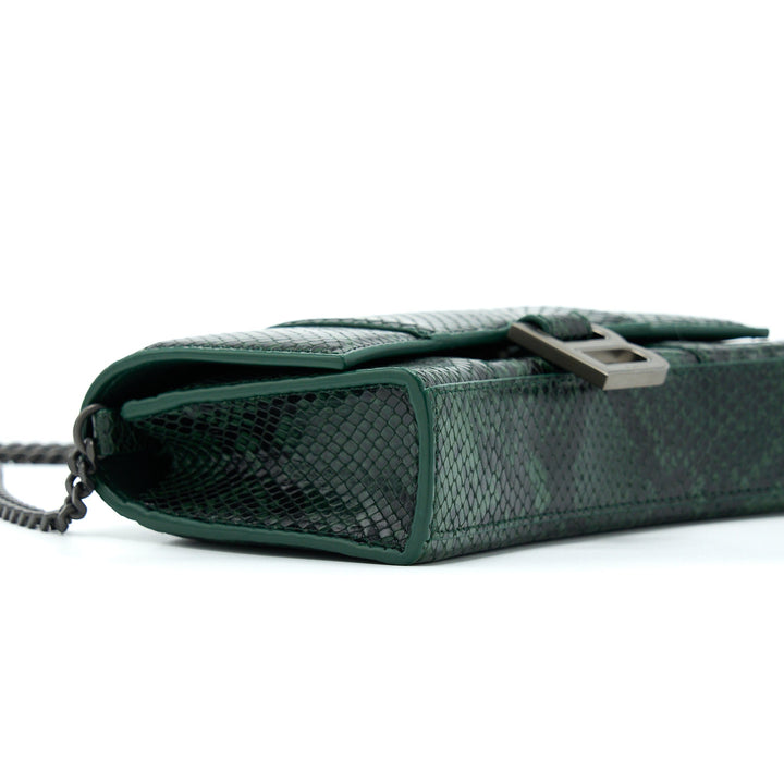 Top Quality Balenciaga Hourglass Wallet With Chain Python Embossed Calfskin Black/ Dark Green
