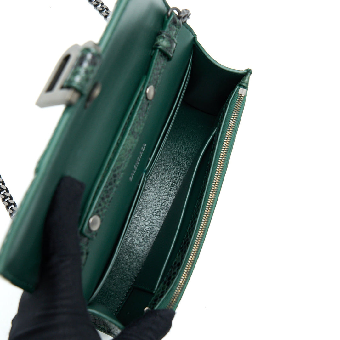 Top Quality Balenciaga Hourglass Wallet With Chain Python Embossed Calfskin Black/ Dark Green