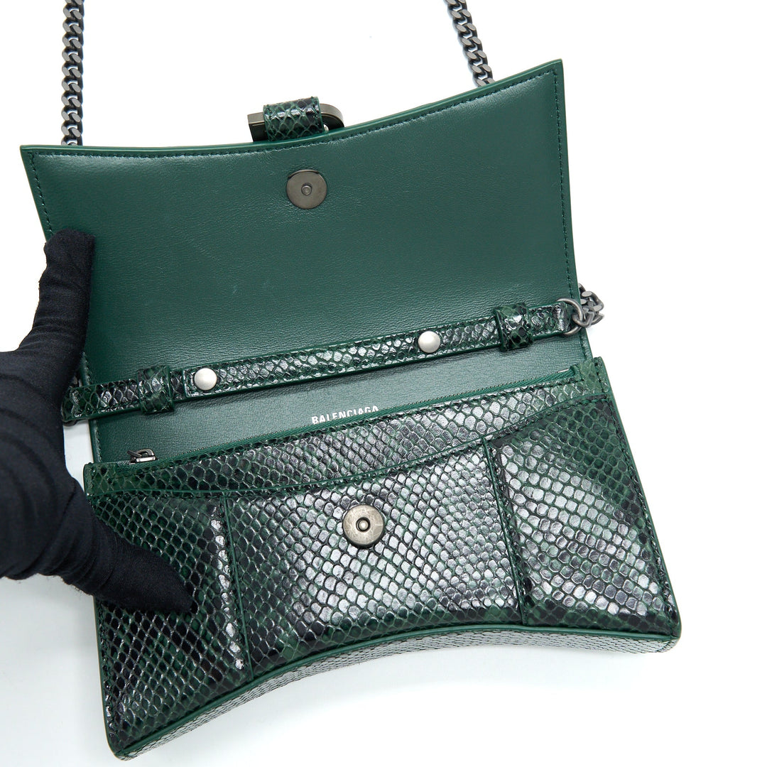 Top Quality Balenciaga Hourglass Wallet With Chain Python Embossed Calfskin Black/ Dark Green