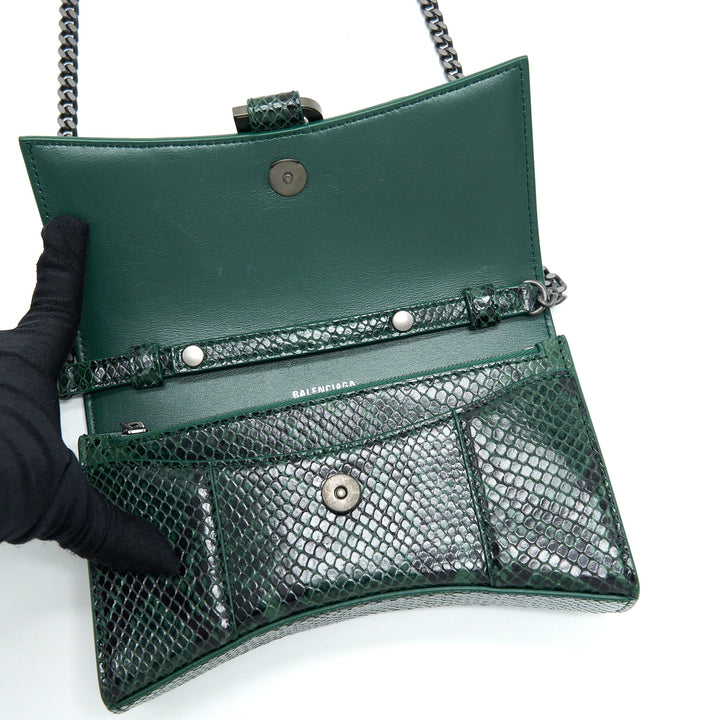 Top Quality Balenciaga Hourglass Wallet With Chain Python Embossed Calfskin Black/ Dark Green