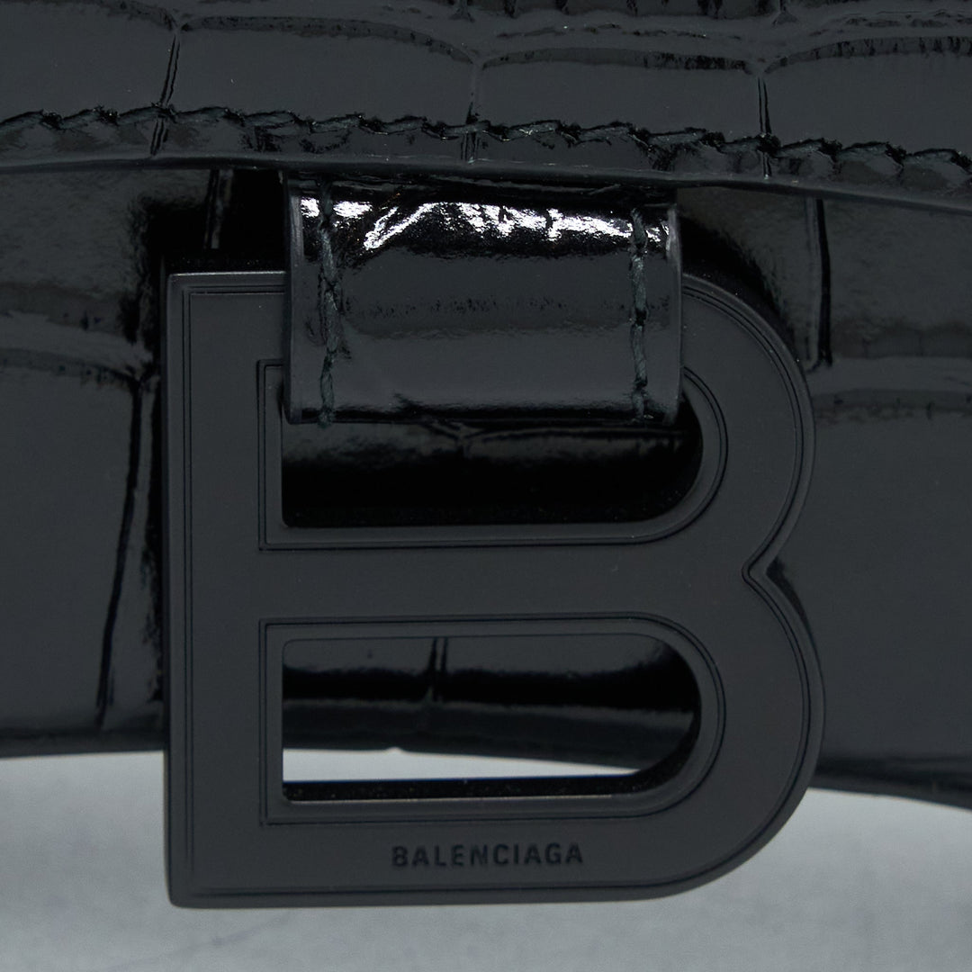 Top Quality Balenciaga Hourglass XS Croc-Embossed Calfskin So Black
