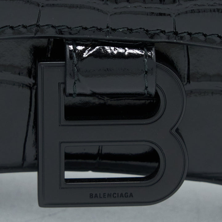 Top Quality Balenciaga Hourglass XS Croc-Embossed Calfskin So Black