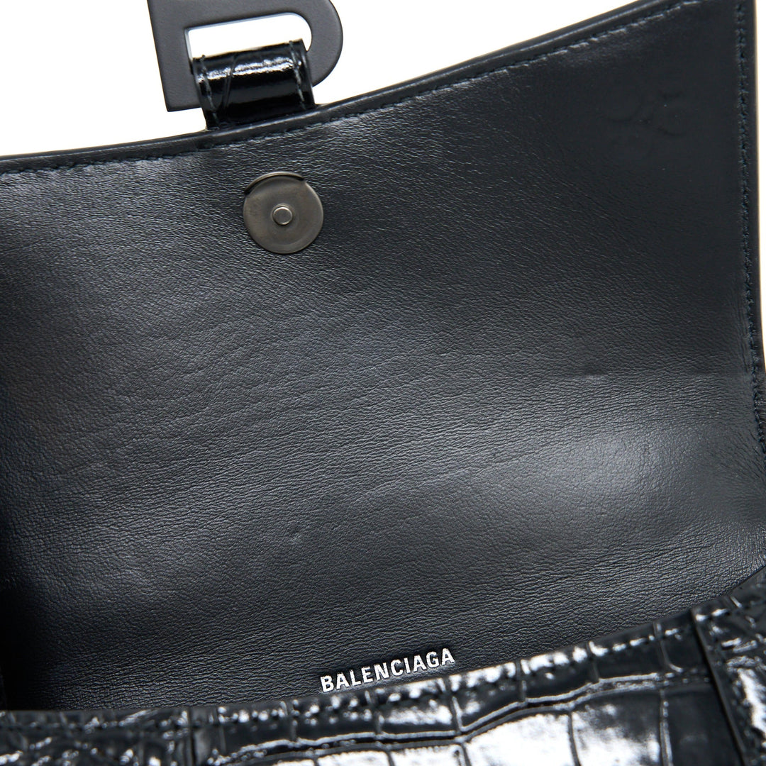 Top Quality Balenciaga Hourglass XS Croc-Embossed Calfskin So Black