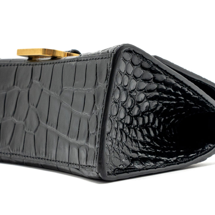Top Quality Balenciaga Hourglass XS Handbag Crocodile Embossed Black GHW