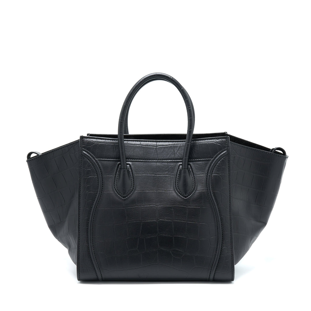 Celine Large Phantom Luggage Bag Croc-Embossed Calfskin Black