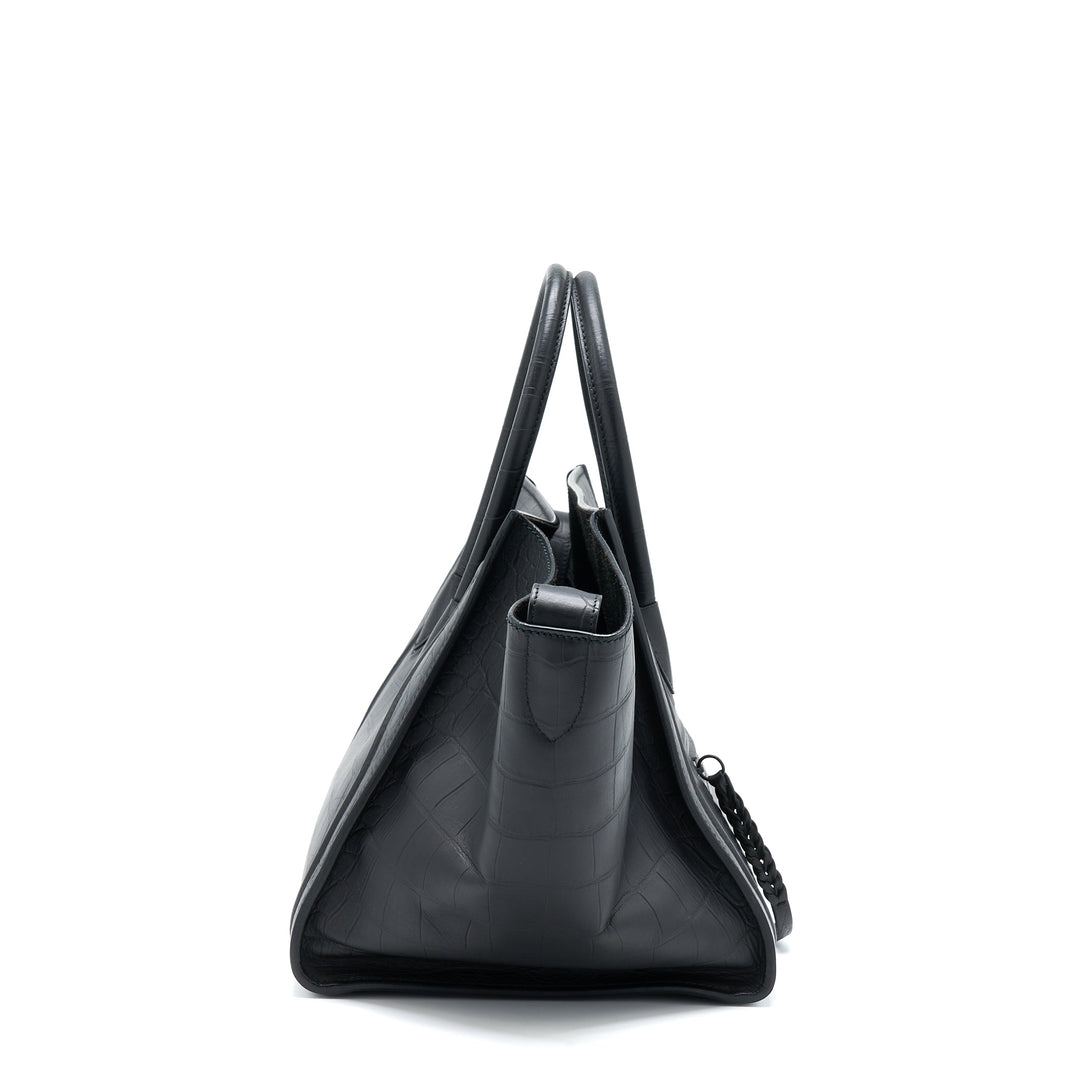 Celine Large Phantom Luggage Bag Croc-Embossed Calfskin Black