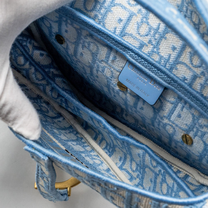 Top quality Dior medium Saddle Bag Oblique Embroidery Light Blue