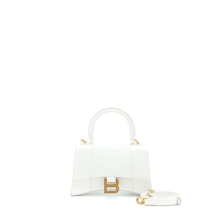 Top Quality Balenciaga Hourglass XS Croc Embossed Calfskin White GHW