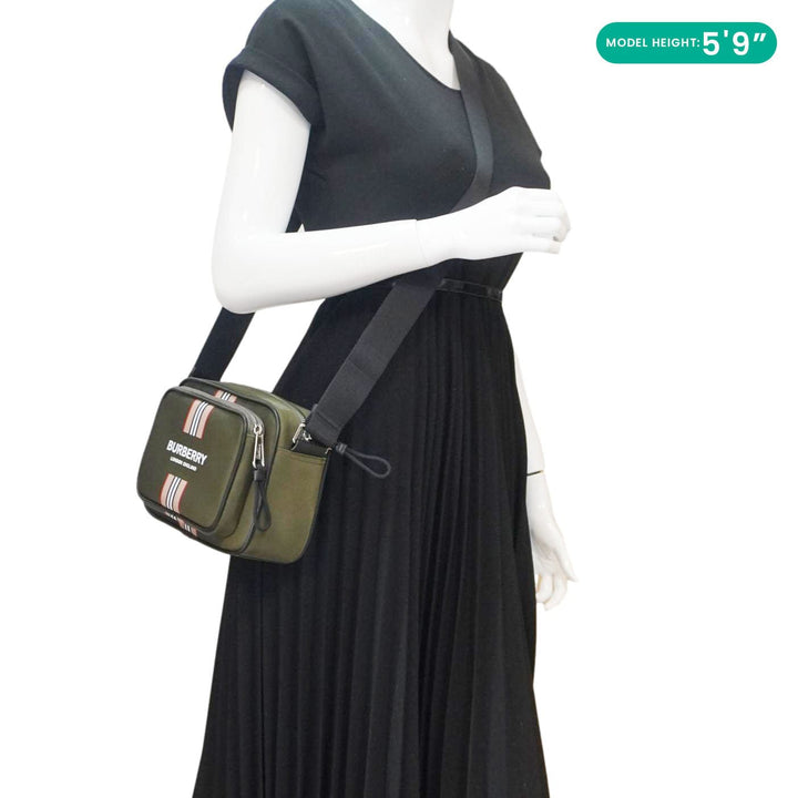 Burberry Top Striped Leather Crossbody Bag Green