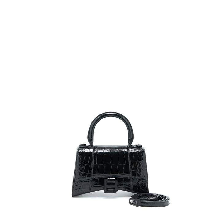 Top Quality Balenciaga Hourglass XS Croc-Embossed Leather Black with Black Hardware