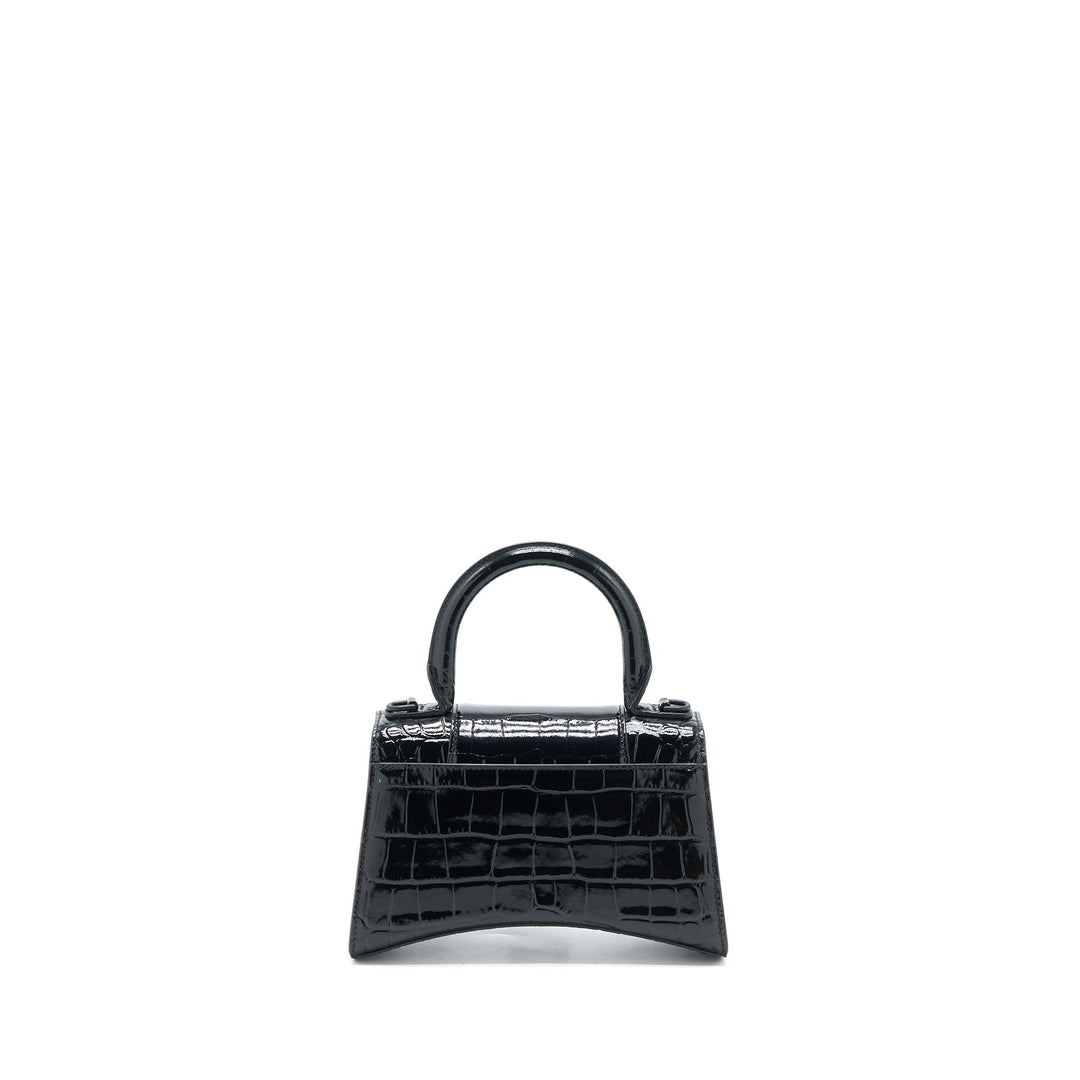 Top Quality Balenciaga Hourglass XS Croc-Embossed Leather Black with Black Hardware