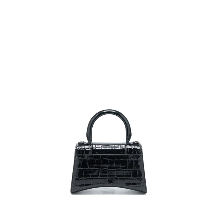 Top Quality Balenciaga Hourglass XS Croc-Embossed Leather Black with Black Hardware