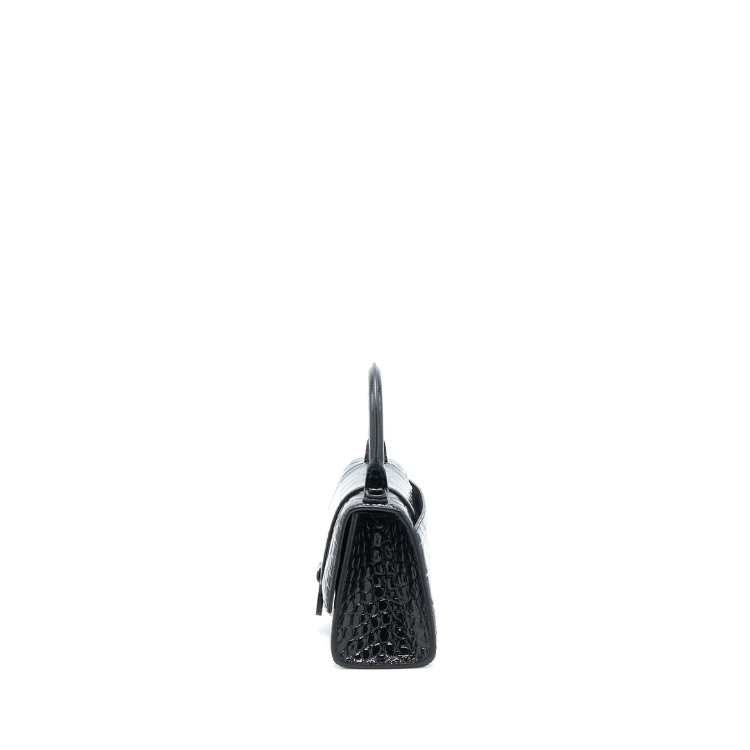 Top Quality Balenciaga Hourglass XS Croc-Embossed Leather Black with Black Hardware
