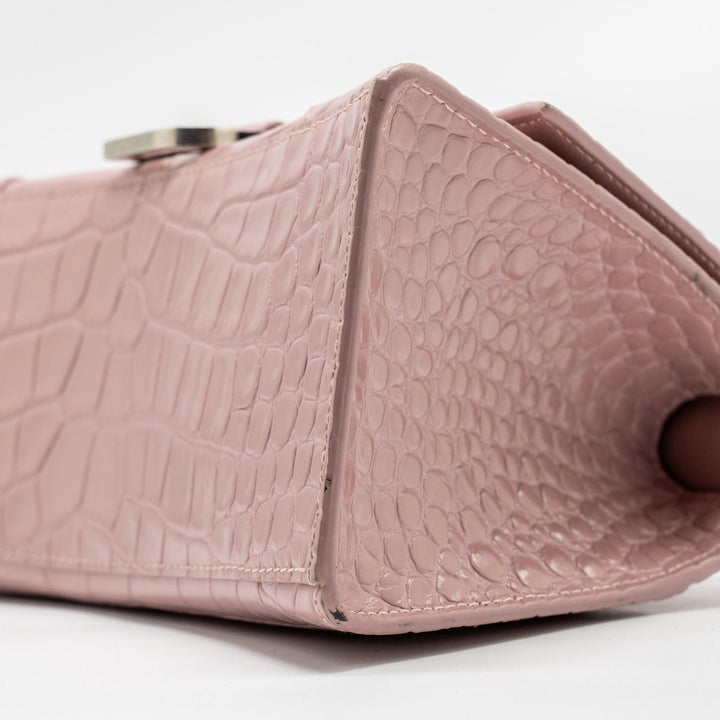 Top Quality Balenciaga Hourglass S Croc-Embossed Calfskin Pink SHW