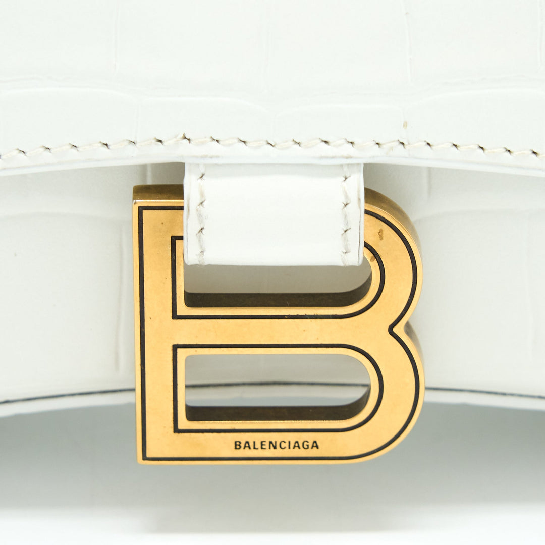 Top Quality Balenciaga Hourglass XS Croc Embossed Calfskin White GHW